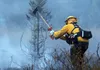 A firefighter uses an axe to battle the Sheep Creek Fire on Saturday, August 15, 2015. A spokesman for the Alaska Division of Forestry said the fire had burned roughly 30 to 35 acres about a 