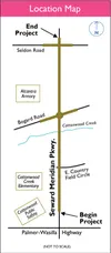 Map shows the location of an extension planned for the Seward Meridian Parkway from the Palmer-Wasilla Highway to Bogard Road. Courtesy Alaska Department of Transportation and Public Faciliti