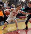 Houston's Cody Wyrick makes a move toward the paint during a win over North Pole Feb. 27, 2020, at Houston High. Courtsy Ron Jones/matsusports.net