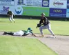 Mat-Su Miners outfielder Alex Caruso slides back into second base during the first inning of a 6-2 extra-innings loss to the Anchorage Bucs in the Game 1 of the Alaska Baseball League Top of 