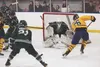 Homer’s Ethan Pitzman prepares to take a shot at Colony’s goalkeeper, Bryant Marks, during a Friday, Jan. 10, 2020 hockey game between the two schools at Kevin Bell Arena in Homer, Alaska. Me