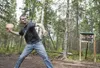 Disc golfer Josh Williams prepares to throw his disc down the line towards the third hole at the Alcantra Sports Complex disc golf course in Wasilla Thursday afternoon. ROBERT DeBERRY/Frontie