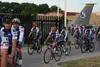 Members of the Air Force Cycling Team ride out of the 185th Air Refueling Wing at Sioux City, Iowa, to Sergeant Bluff, Iowa, to start the Register’s Annual Great Bicycle Ride Across Iowa at t