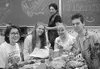Ashely Jones (left), Elizabeth Joller (left/middle), Mrs. Ehmann
(standing), Sarah Gillette(right/middle) and Ryan Bender (right)
enjoy the foreign-exchange luncheon. Submitted photo.