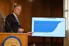 Gov. Mike Dunleavy points to 2025 NAEP 4th grade reading test scores, where Alaska students ranked 51st in the nation.  Corinne Smith/Alaska Beacon