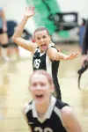 ROBERT DeBERRY/Frontiersman Colony senior spiker Brittany Brown
cheers after scoring against the Juneau Douglas Crimson Bears
Thursday during the quarter final match-up at the ASAA/First
Nati
