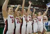 Members of the Wasilla girls varsity basketball team wave to their fans in the stands at the Sullivan Arena after defeating the Dimond Lynx to take the state basketball championship title in 