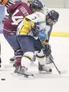 ROBERT DeBERRY/Frontiersman Alaska Avalanche forward Robb Haider
takes the faceoff against Fairbanks Ice Dog forward Tyler Voight
during the third period of Friday’s game at the Curtis C. Men
