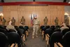 U.S. Air Force Col. Kirsten Aguilar, Joint Base Elmendorf-Richardson and 673d Air Base Wing commander, gives opening remarks during a U.S. Space Force transfer ceremony at Joint Base Elmendor