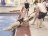 Wasilla staff lifeguard ‘victim’ Nancy Long is pulled to safety
by fellow lifeguards Scott Pezzini and Heidi Heimer. The lifeguard
staff is suffering a shortage this summer and pool hours hav