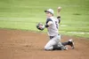Alaska Road Warriors infielder Mitchell Chauvin throws from his knees after making a diving stop. Chauvin gunned the runner out on the play. JEREMIAH BARTZ/Frontiersman