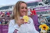 Army 1st Lt. Amber English holds her Gold Medal at the 2021 Olympic Games in Tokyo, July 26, 2021. (U.S. Army photo by Maj. Nathaniel Garcia) (U.S. Army photo by Maj. Nathaniel Garcia)