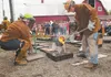 D’jean Jawrunner, center, pours molten iron into a form during last year’s Valley Arts Alliance Art on Fire art fest at the Alaska Museum of Transportation and Industry. This year’s event is 