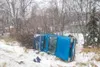 A small pick up sits overturned in the ditch off Lucus Road in
Wasilla Monday afternoon due to an ice storm that began late Monday
evening. The Mat-Su Borough School District has also closed 