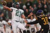 Colony quarterback Steven Bilafer, left, throws the ball while being covered by Lathrop's Isaiah Johnson during first half action of the prep high school football game between the Knights and