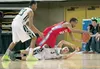 East High Thunderbird Rudy Gomez dives for the ball over Colony’s Tanner Menard as Colony’s Antonio Bush waits for the outcome during Friday’s semifinal game at the ASAA/First National Bank 4