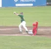 JEREMIAH BARTZ/Frontiersman Mat-Su second baseman John Shaffer,
left, catches a quick toss from shortstop Kevin Rodland as
Peninsula outfielder Kyle Mihaylo slides in, to create the force
out