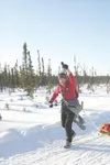 Matt Tunseth/Frontiersman Anchorage’s Walter McAllister raises
his hand as he nears the finish line of the Susitna 100 run, ski
and bike race Sunday. McAllister said he slept only a few minut