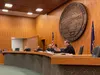Alaska Supreme Court Justice Jude Pate, right, asks a question during oral arguments in a case concerning correspondence education allotments, on June 27, 2024, in the Boney Courthouse in Anc