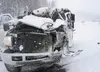Debris litters the Parks Highway from the impact between this 2.5-ton, Ford 550 truck driven by David Kincaid of Palmer and a 1.5-ton, Ford F450 driven by Roy K. Ponder of Fairbanks. Both dri