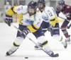 ROBERT DeBERRY/Frontiersman Alaska forward Jacob barber takes a
shot on goal during the second period of Friday'€™s game against
the Fairbanks Ice Dogs.