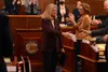 Sen. Lisa Murkowski, R-Alaska, shakes hands with members of the Alaska Legislature on Thursday, Feb. 15, 2024, following her annual address in the state Capitol. James Brooks/Alaska Beacon