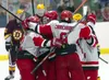 The Wasilla Warriors celebrate after scoring a first-period goal during a 3-2 win over two-time defending state champion Dimond Tuesday at the Brett Memorial Ice Arena in Wasilla. Courtesy of