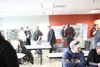 Dan Phillips addresses moderator Dave Hanson at the public hearing Thursday for the proposed Wasilla transmission lines. Interested residents gathered at the Curtis D. Menard Memorial Sports 