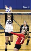 Colony senior Ashley Turcotte gets her hands in front of the ball during a 3-2 loss to Wasilla in the first round of the Northern Lights Conference Championships volleyball tournament Thursda