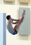 Palmer's Eric Hansen accomplishes a back dive-pike position
during Saturday's diving championships at Bartlett High School.
Photo by TIM BRODT/Frontiersman.