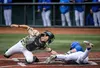 Mat-Su catcher Steven Lancia tries to make the tag at home plate during a loss to the Anchorage Glacier Pilots in the Alaska Baseball League championship game. Courtesy of Bryan Boyett