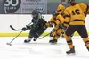 Colonys Kaden Ketchum powers the puck down the ice during a 3-2 double-overtime win over Dimond during the ASAA First National Cup state quarterfinals Thursday in Wasilla. Ketchum collected a