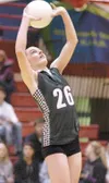 ROBERT DeBERRY/Frontiersman Colony senior captain Siobhan
Johansen sets the ball during Saturday'€™s conference championship
match against the Palmer Moose.