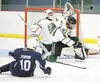 Goalie Colton Beebe and defensman Logan Sanders deflect a shot during Thursday's game against the Soldotna Stars at the Curtis. C. Menard II Memorial Ice Arena in Wasilla. ROBERT DeBERRY/Fron