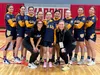 The silver medal-winning girls basketball team poses in Wasilla High School gym Friday prior to its final game in the 2024 Arctic Winter Games. Left to right: Kiana Winn, Juneau; Ella Orsborn