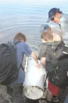 Shane Herzog and Sam Ivey, right, help students from Snowshoe
Elementary release rainbow trout on Tuesday. TODD L.
DISHER/Frontiersman