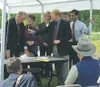 Gov. Frank Murkowski, left, shares a few remarks before signing
legislation sponsored by Sen. Lyda Green, R-Wasilla, to Murkowski's
left. Photo by RINDI WHITE/Frontiersman.