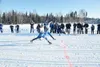 Photo courtesy of Russ Dunlap Palmer senior Davis Dunlap
stretches his ski just beyond the reach of teammate Duney
Strickland at the finish line during the Mat-Su Borough
Championships cross 