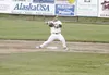 JEREMIAH BARTZ/Frontiersman Mat-Su infielder Tim Zier gets the
force at second and makes the throw to first to complete the double
play during a 2-0 loss to the Lake Erie Monarchs on Sunday a