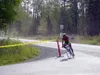 A triathlon racer shoots around a corner at the 2004 Big Lake
Triathlon Saturday. Photo by Jodi Snyder
