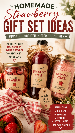 freeze dried strawberries, gift sets for strawberry lovers, strawberry powder, strawberry syrup