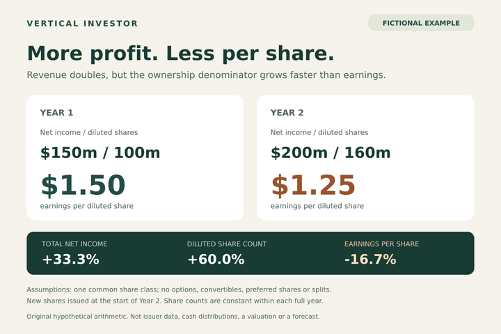Fictional company comparison: net income rises from 150 to 200 million dollars, diluted shares from 100 to 160 million, and earnings per share falls from 1.50 to 1.25 dollars.