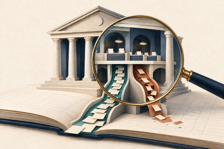 AI editorial illustration of a bank on an open ledger, with a magnifying glass revealing separate teal and clay channels representing lending income and loan losses.