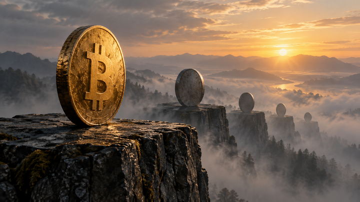 A gold Bitcoin disc stands on a dark stone platform, with four smaller unmarked discs on separate platforms receding into a misty mountain landscape at dawn.