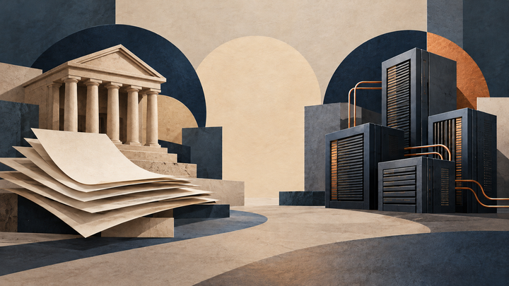 Conceptual editorial illustration of a classical government-style building and blank paper sheets on the left, separated from dark server towers on the right.