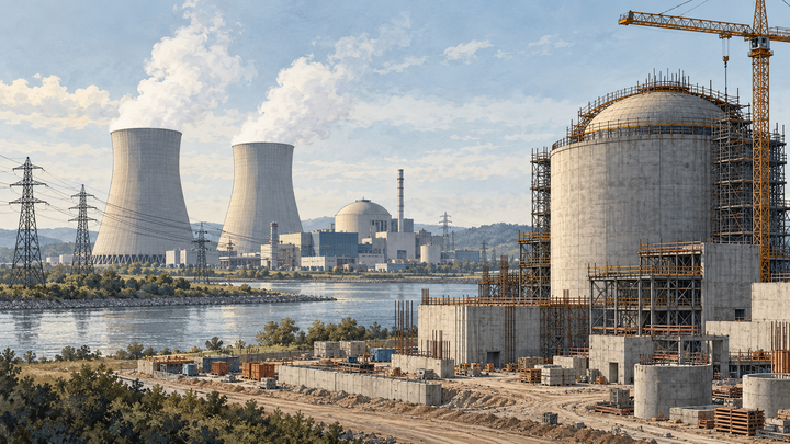 Illustration of an operating nuclear power plant across a river from a reactor structure under construction with scaffolding and a crane.