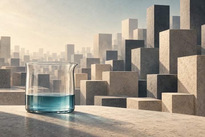 A glass vessel holding teal liquid stands in front of abstract stone blocks of different heights.