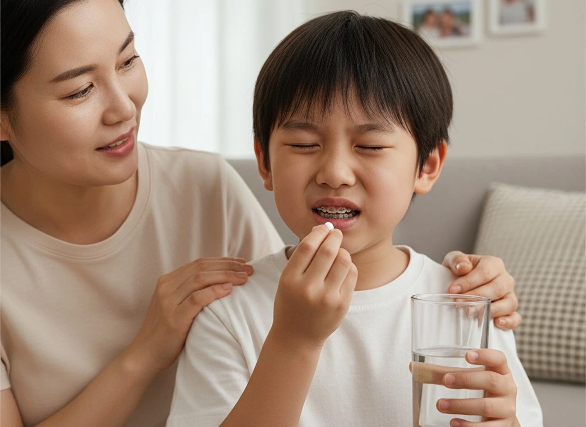 성장기 교정을 하고 있는 어린이가 통증 완화를 위해 약을 복용하는 이미지