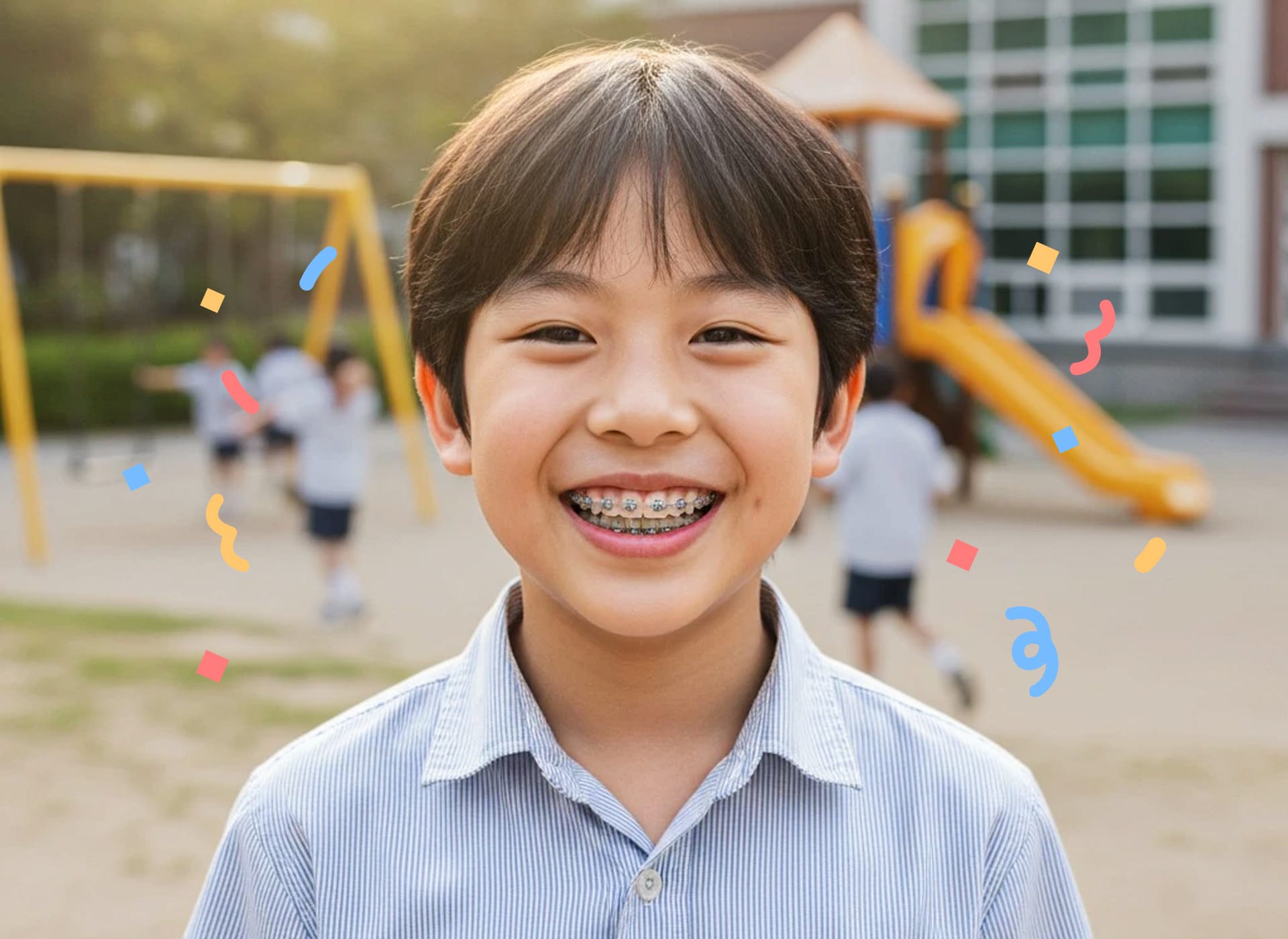 성장기 교정 어린이가 교정장치를 드러내며 활짝 웃고 있는 이미지