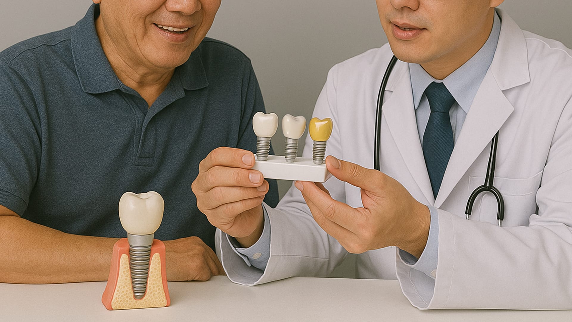 임플란트 크라운을 들고 있는 의료진과 그 모습을 바라보는 환자의 이미지 